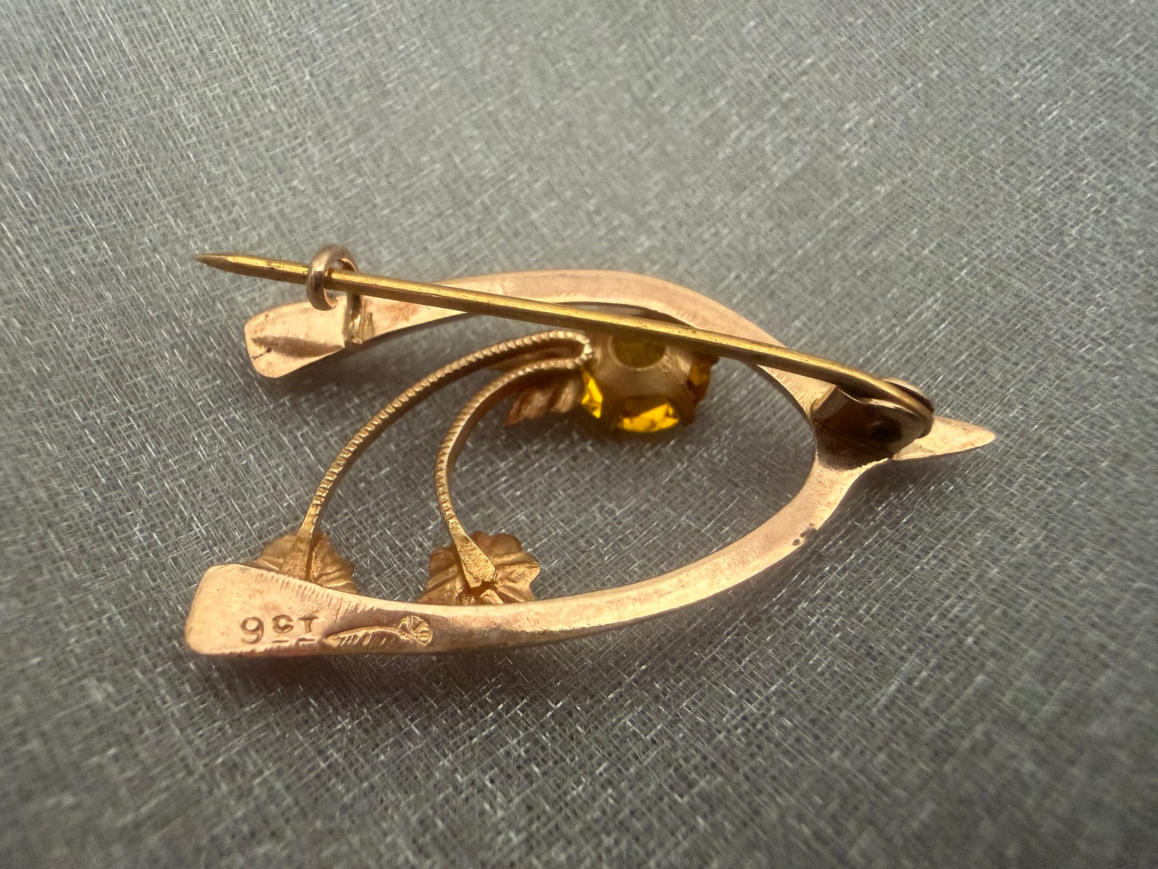 Antique Australian 9ct Yellow Gold Citrine Wishbone, Rose and Clover Brooch Circa 1900