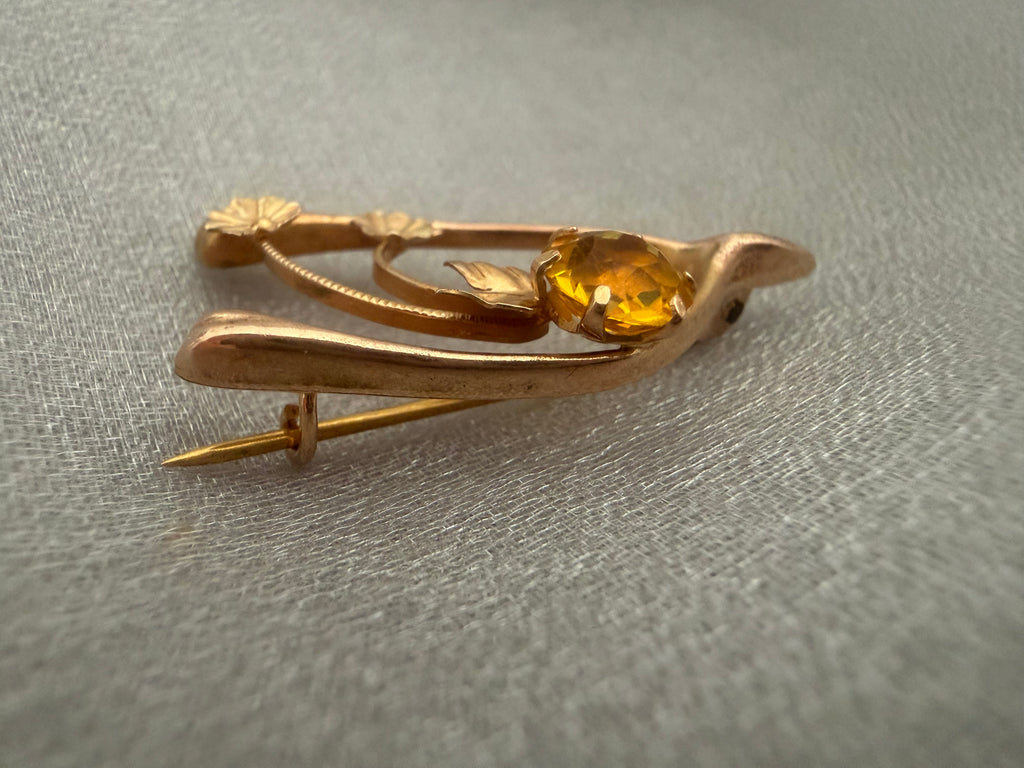 Antique Australian 9ct Yellow Gold Citrine Wishbone, Rose and Clover Brooch Circa 1900