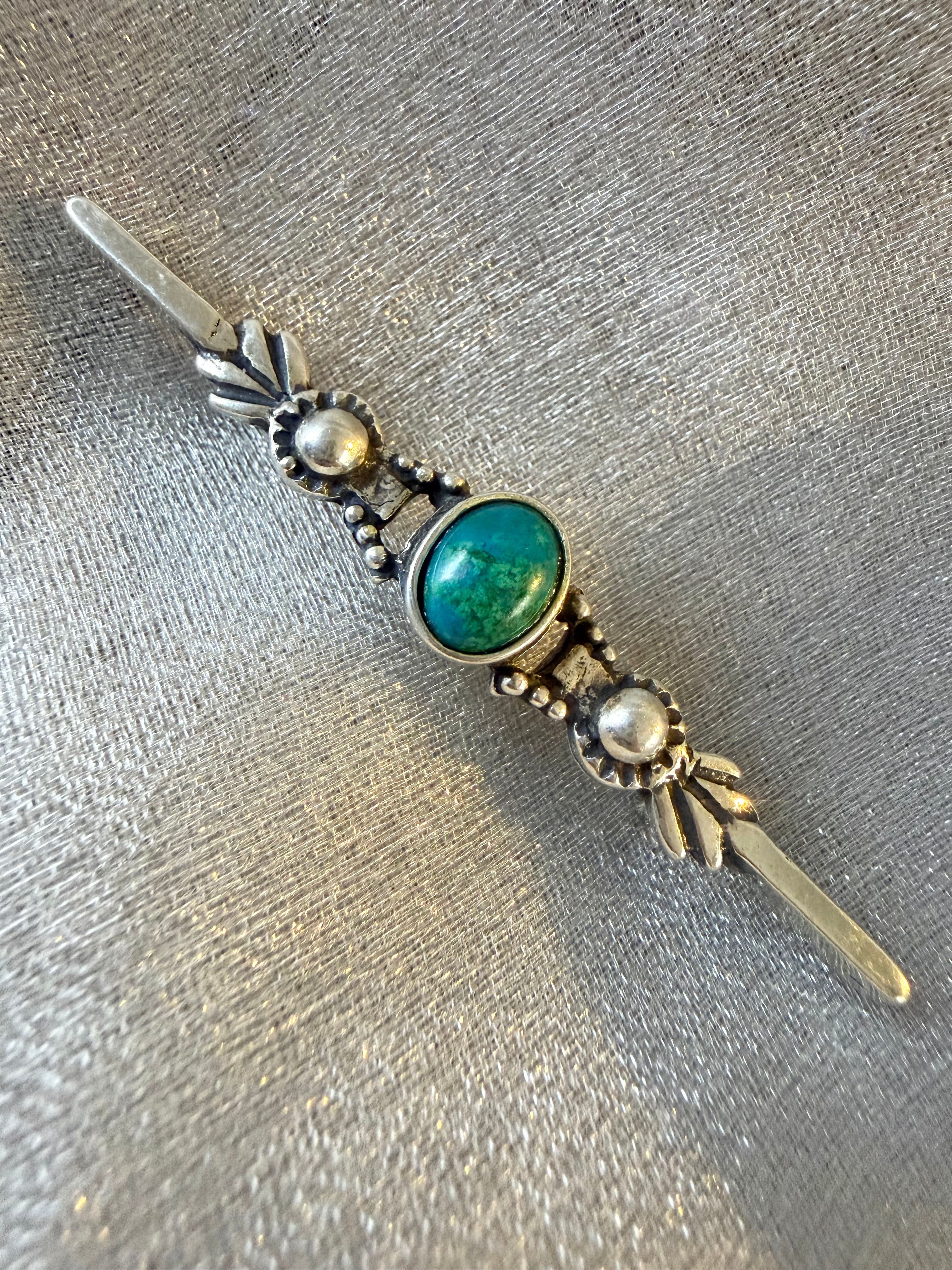Vintage Noy Li Southwestern-Style Sterling Silver & Green Turquoise Bar Brooch