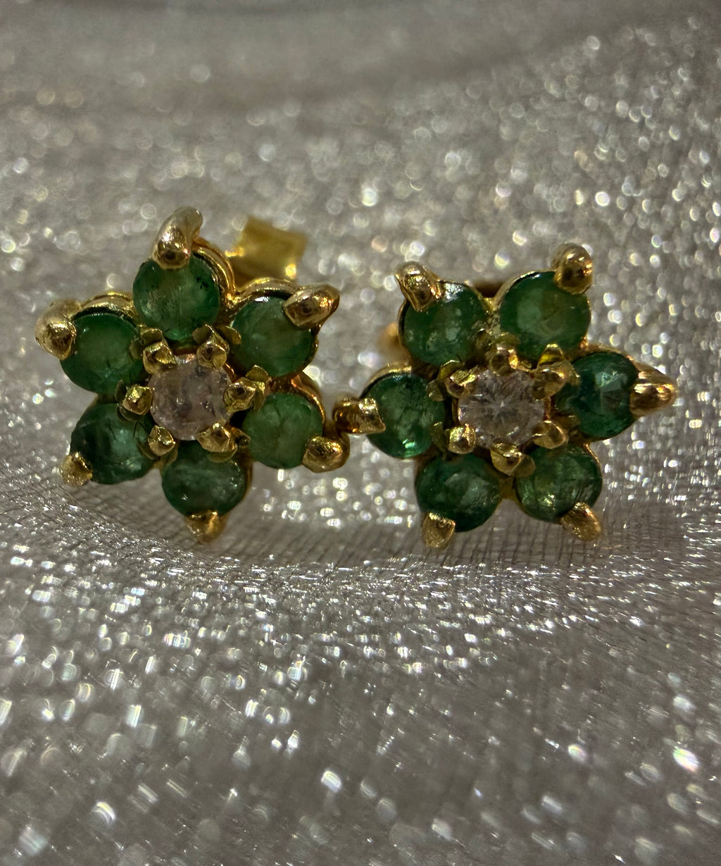 Vintage 9ct Yellow Gold Emerald and Diamond Blossom Earrings