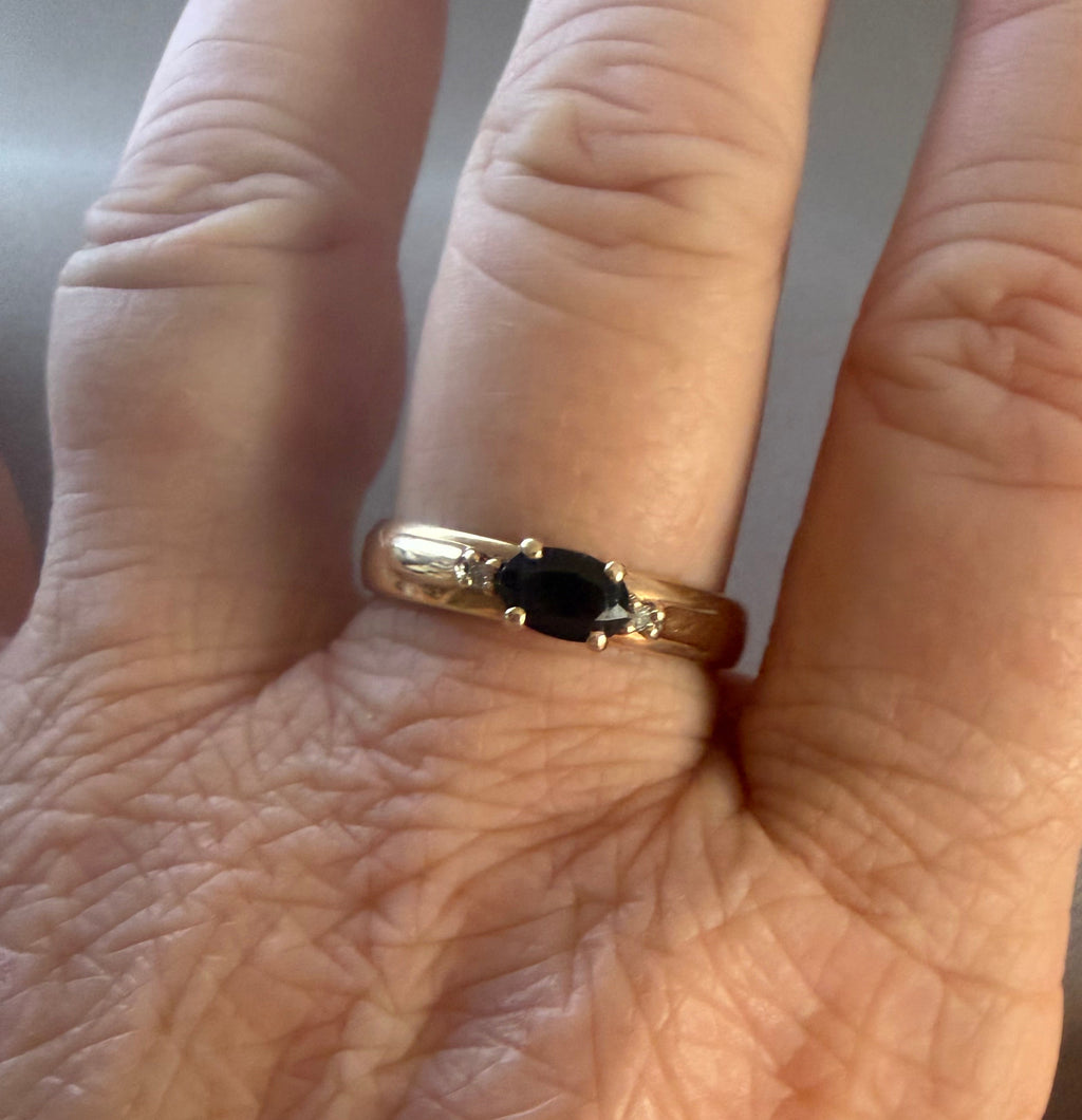 Vintage 9ct Yellow Gold Black Sapphire with Diamond accents Ring