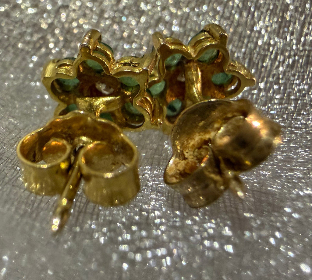 Vintage 9ct Yellow Gold Emerald and Diamond Blossom Earrings