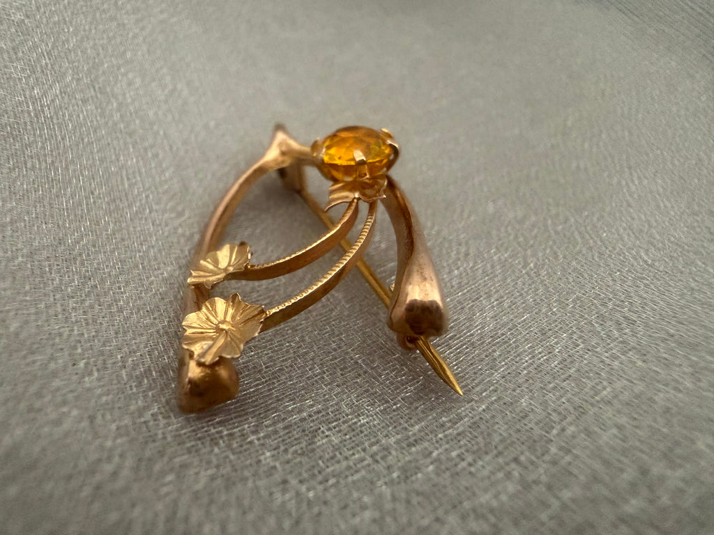 Antique Australian 9ct Yellow Gold Citrine Wishbone, Rose and Clover Brooch Circa 1900