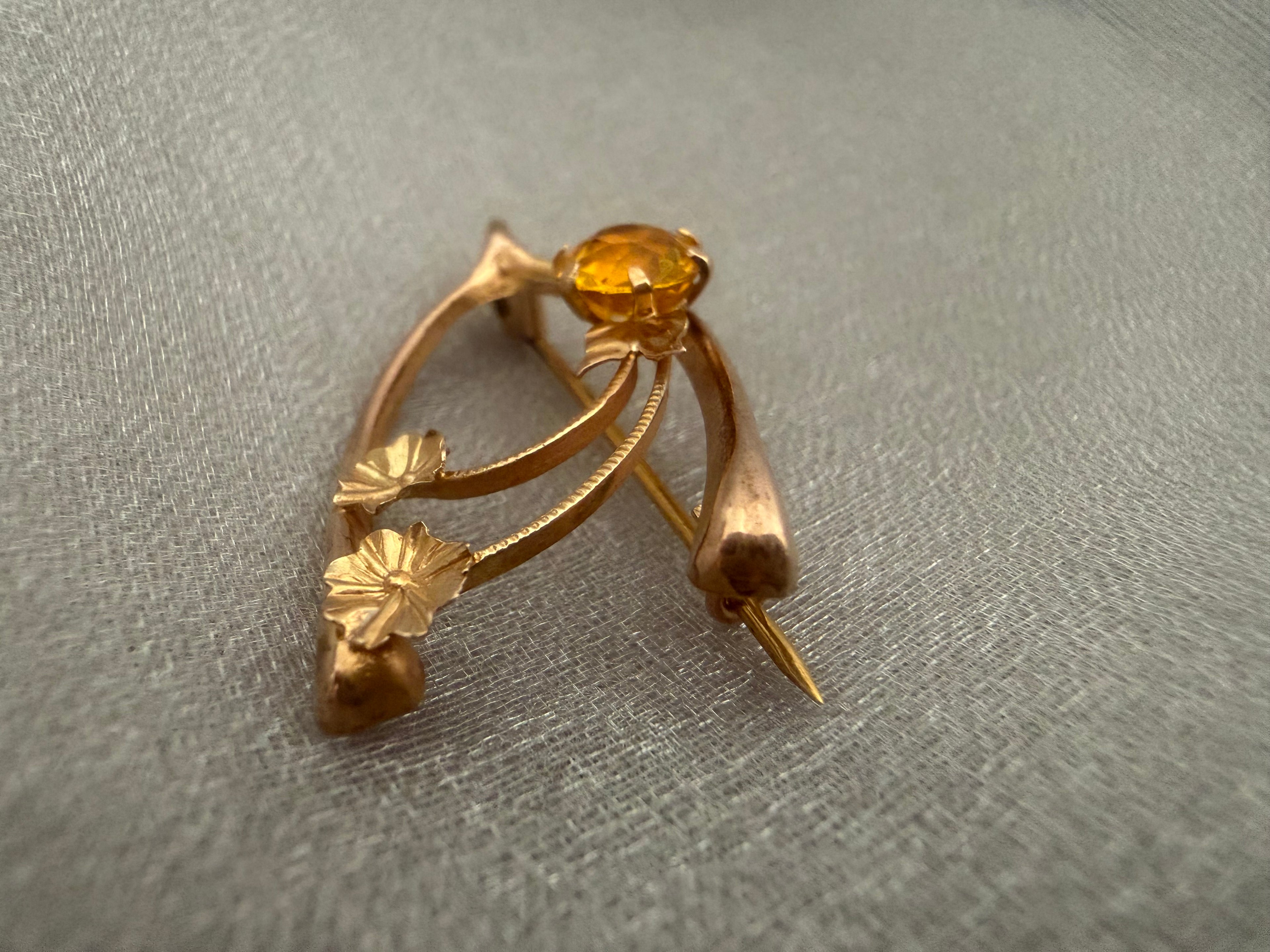 Antique Australian 9ct Yellow Gold Citrine Wishbone, Rose and Clover Brooch Circa 1900