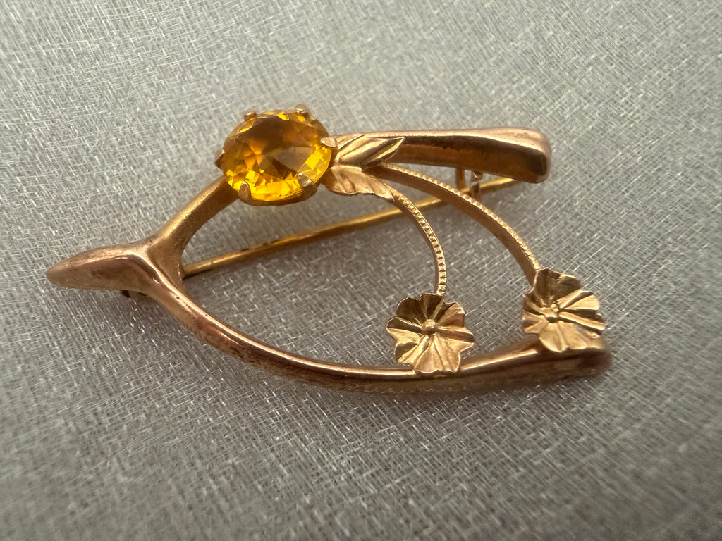 Antique Australian 9ct Yellow Gold Citrine Wishbone, Rose and Clover Brooch Circa 1900