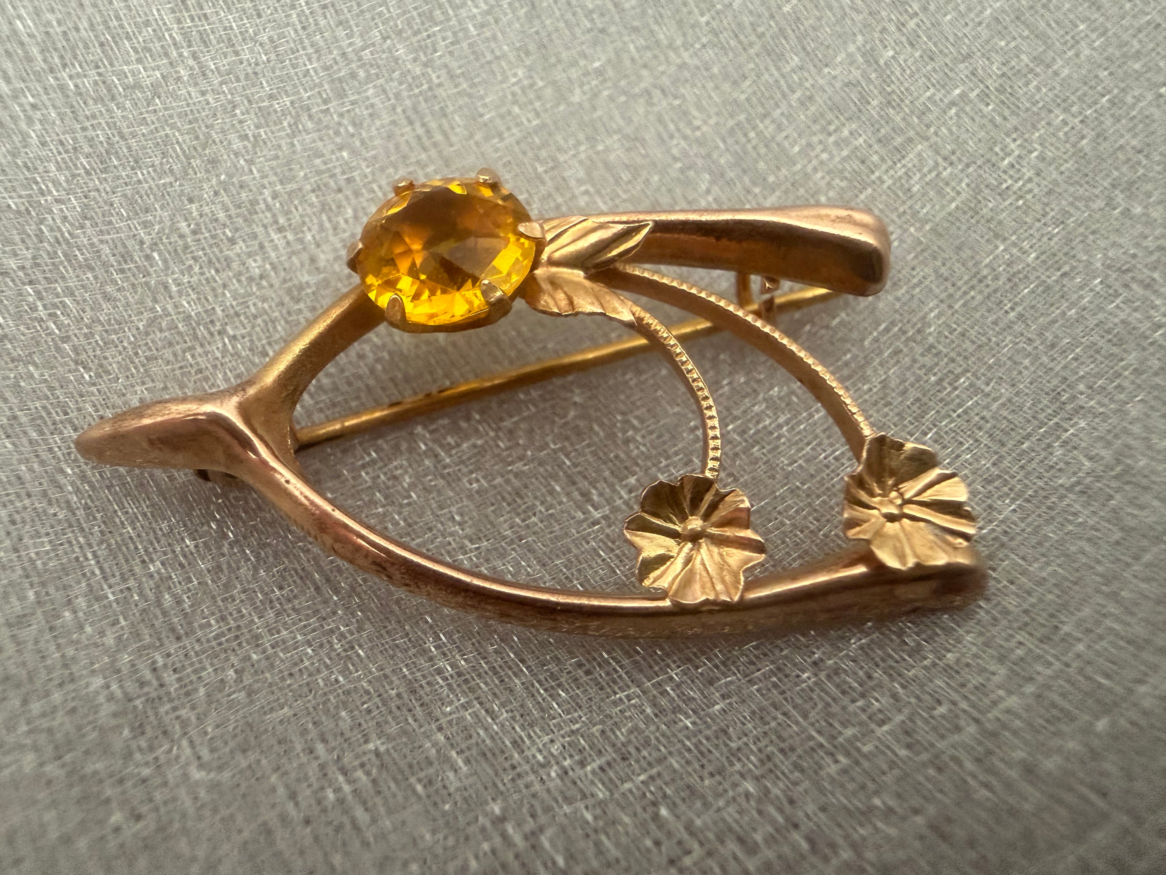 Antique Australian 9ct Yellow Gold Citrine Wishbone, Rose and Clover Brooch Circa 1900