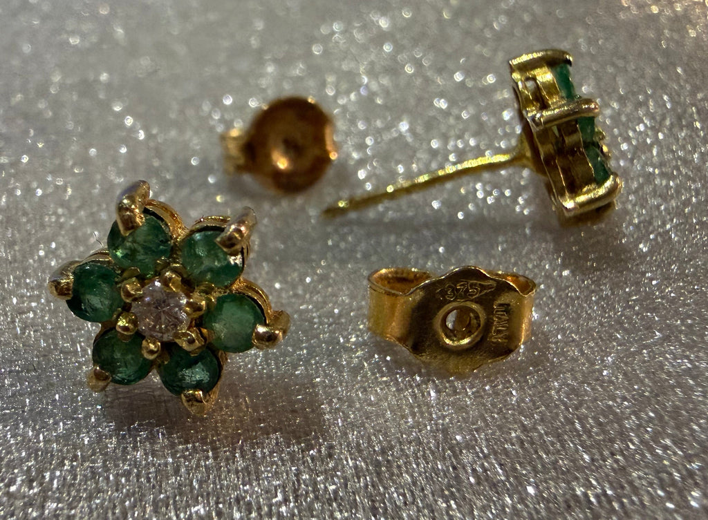 Vintage 9ct Yellow Gold Emerald and Diamond Blossom Earrings