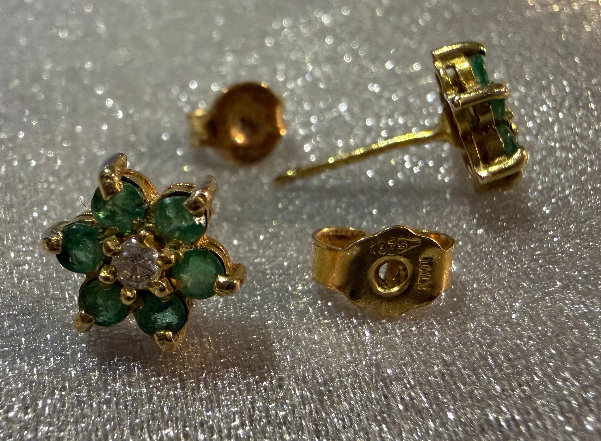 Vintage 9ct Yellow Gold Emerald and Diamond Blossom Earrings