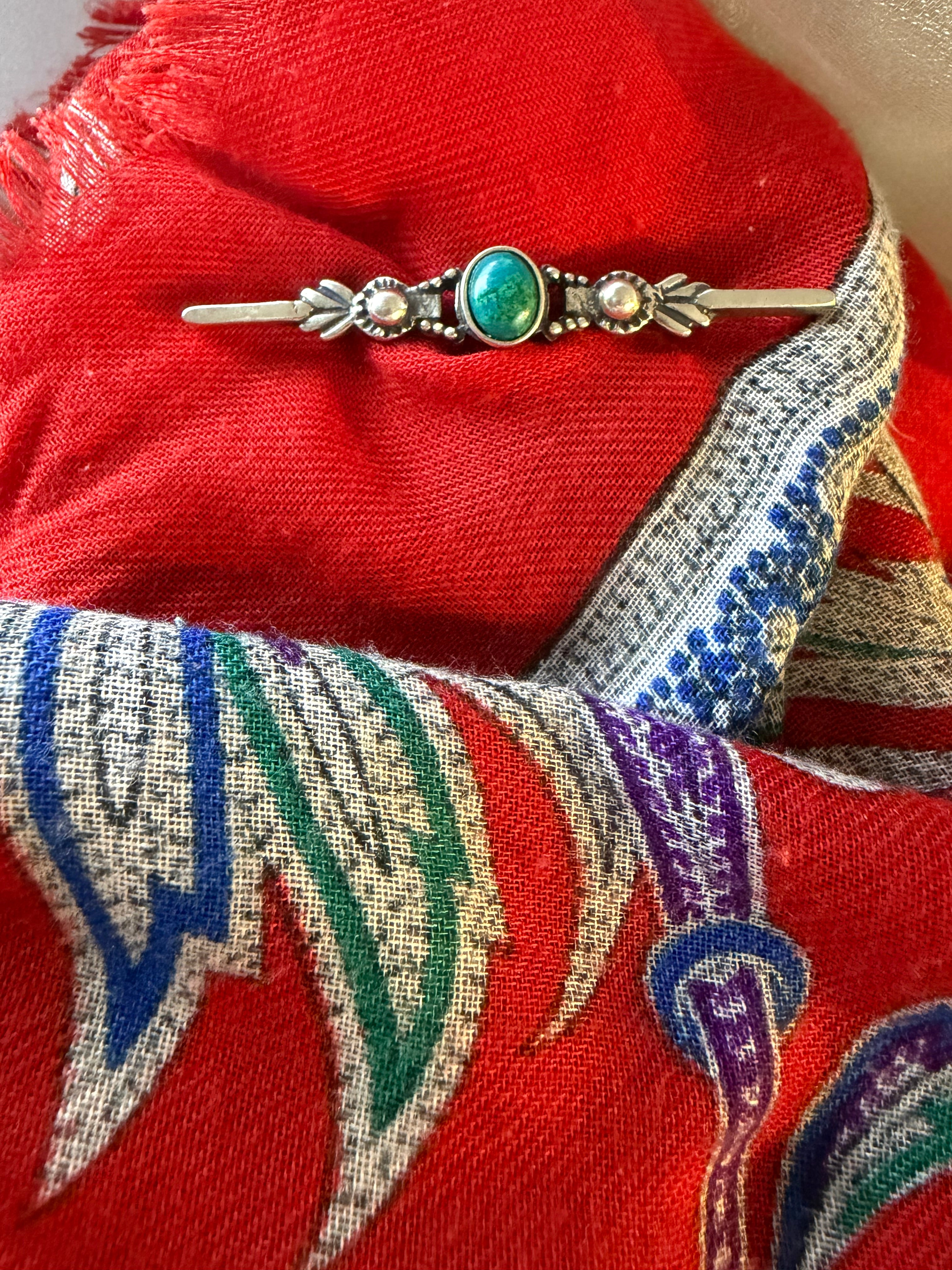 Vintage Noy Li Southwestern-Style Sterling Silver & Green Turquoise Bar Brooch