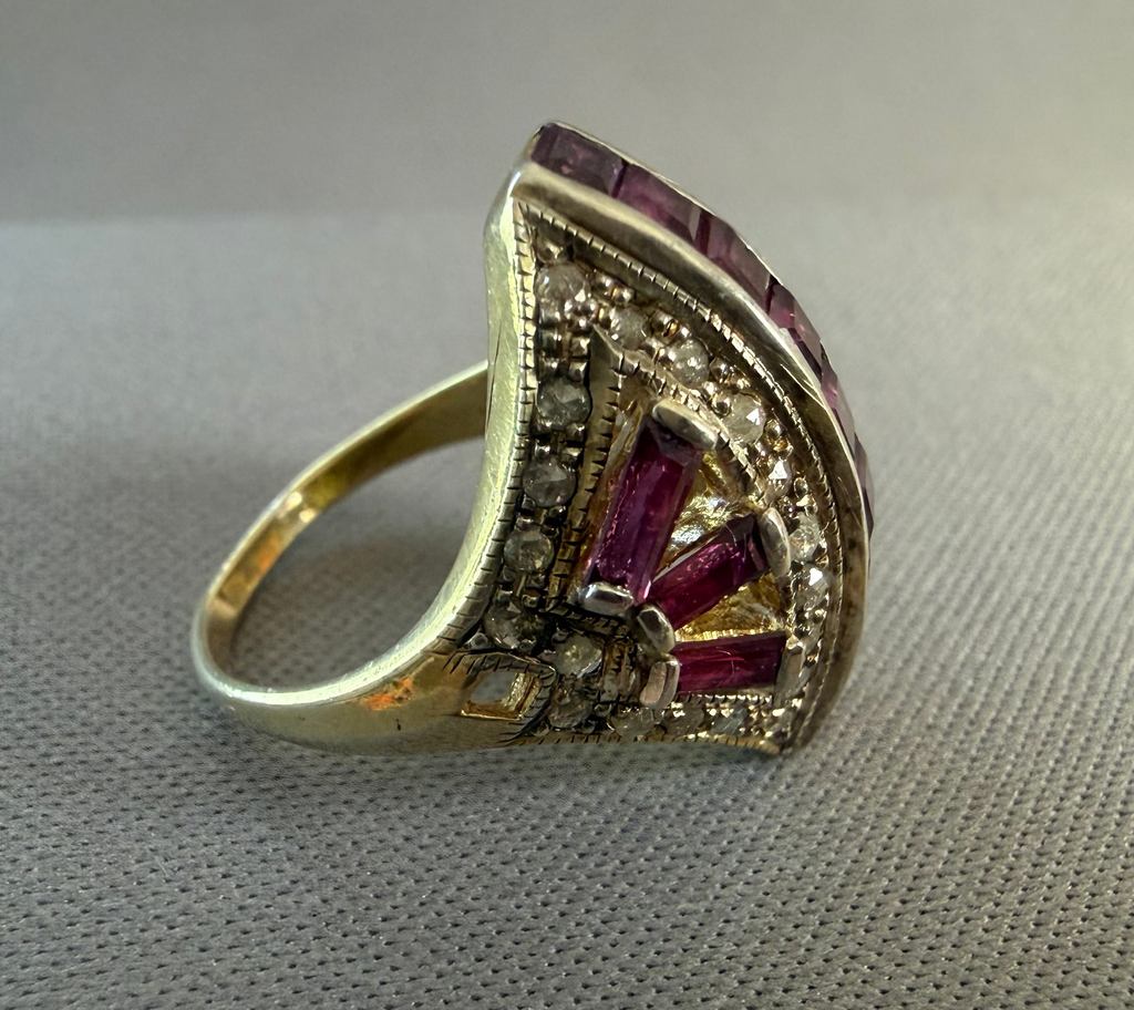 Vintage Sterling Silver Gilt Ruby and Diamond Ring Size J