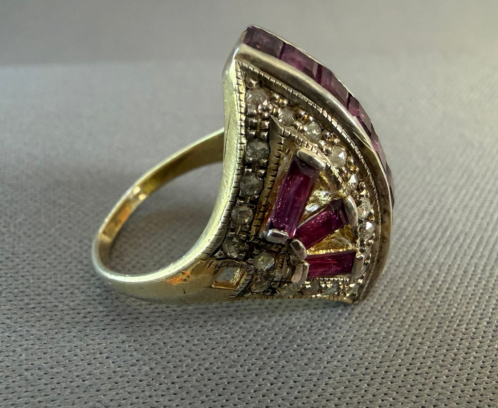 Vintage Sterling Silver Gilt Ruby and Diamond Ring Size J