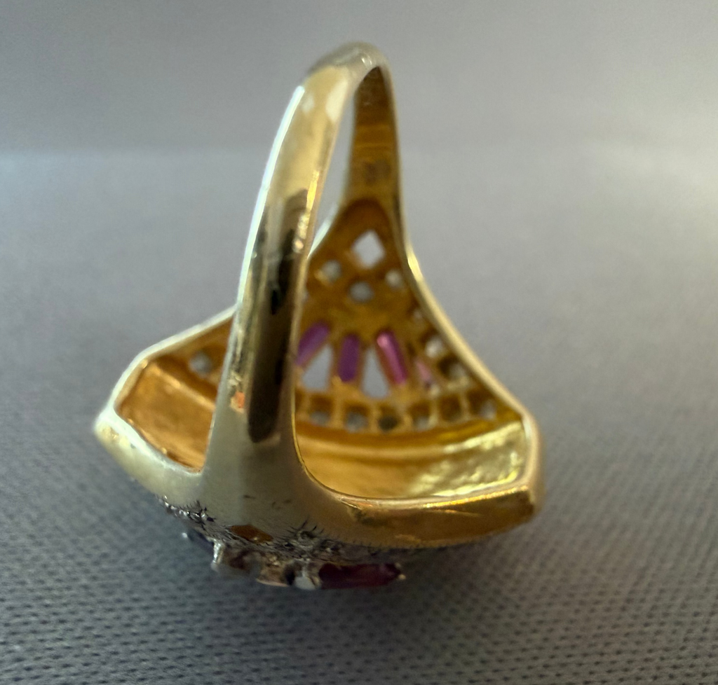 Vintage Sterling Silver Gilt Ruby and Diamond Ring Size J