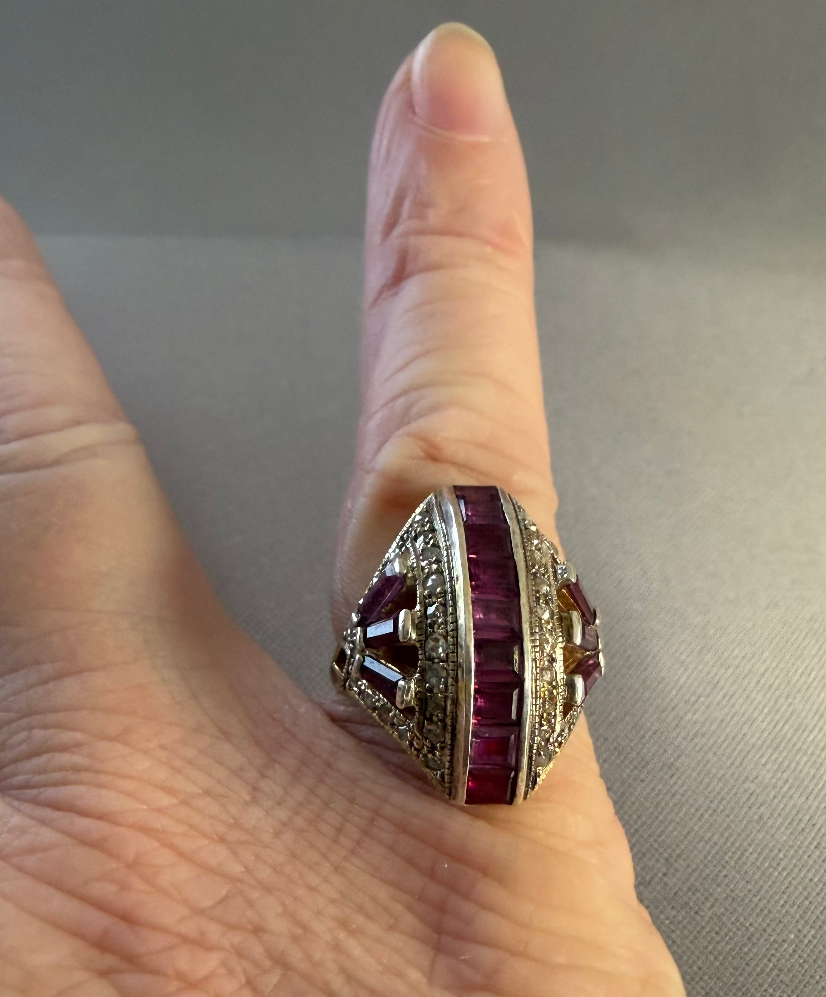 Vintage Sterling Silver Gilt Ruby and Diamond Ring Size J