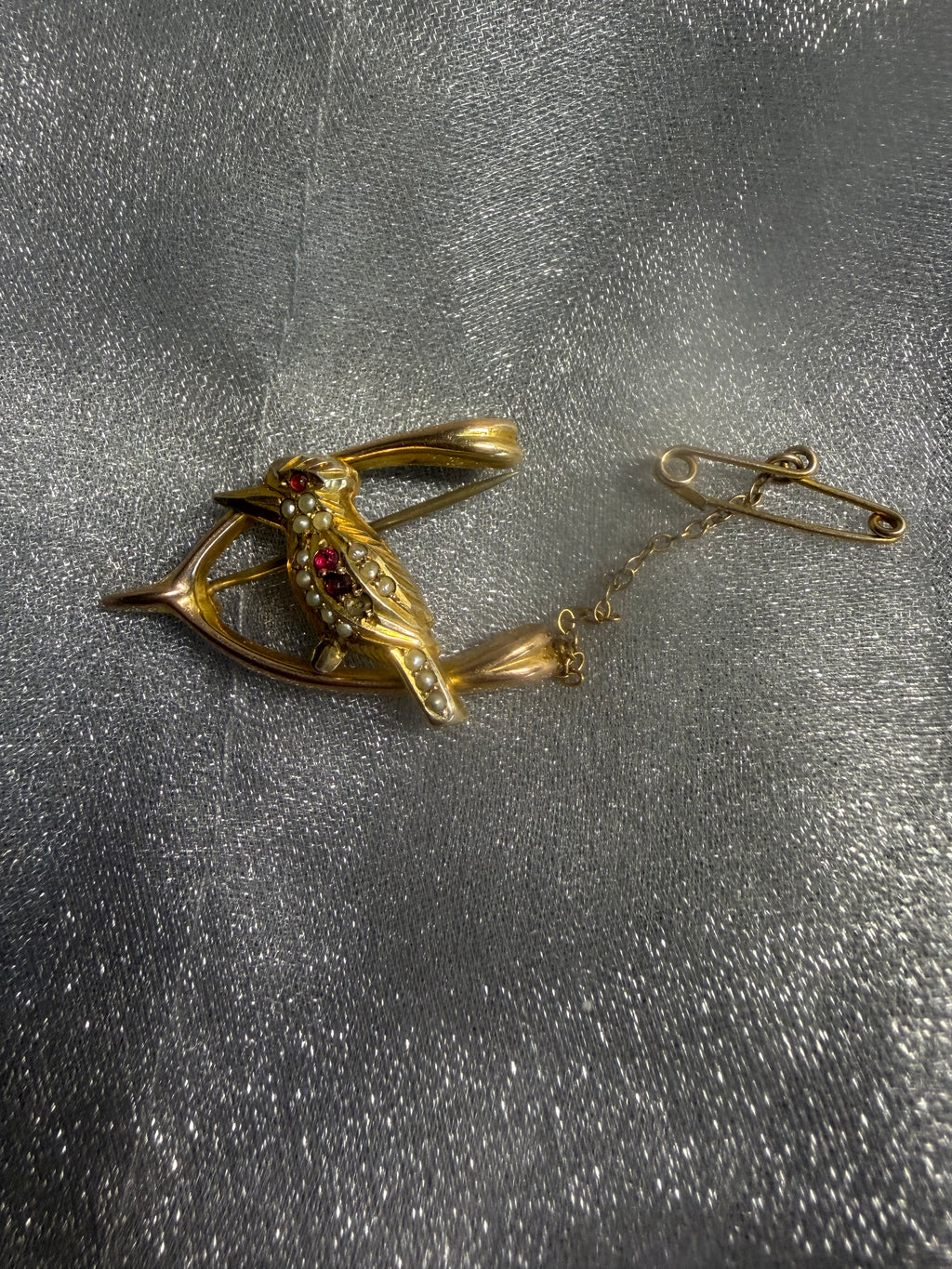 Antique 9ct Gold Kookaburra Brooch with Seed Pearls & Garnets | Australian Federation Era Safety Chain Brooch