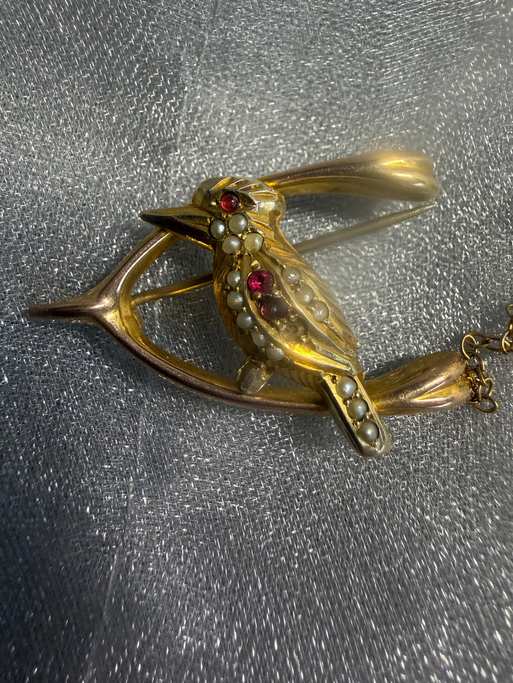 Antique 9ct Gold Kookaburra Brooch with Seed Pearls & Garnets | Australian Federation Era Safety Chain Brooch