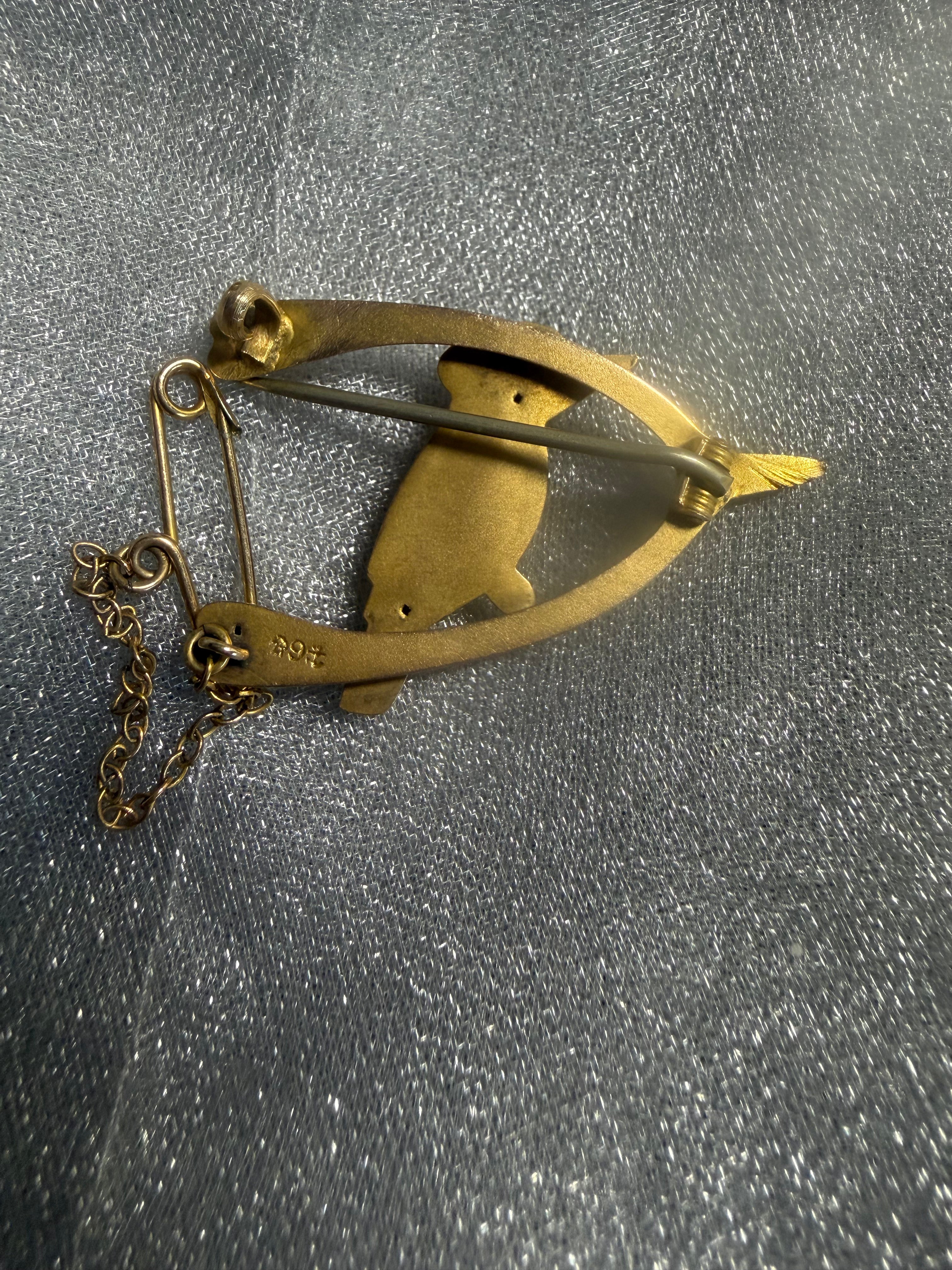 Antique 9ct Gold Kookaburra Brooch with Seed Pearls & Garnets | Australian Federation Era Safety Chain Brooch
