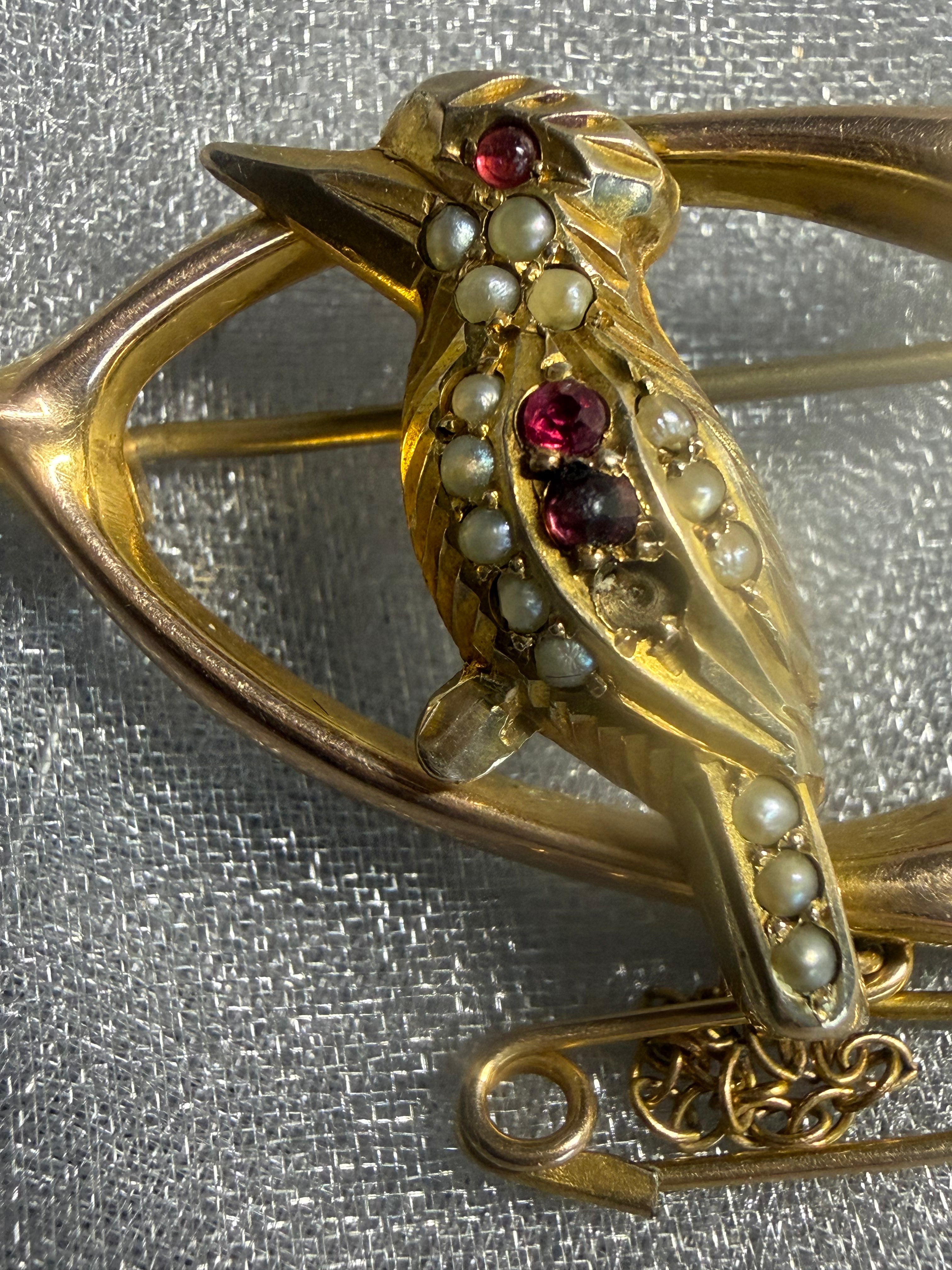 Antique 9ct Gold Kookaburra Brooch with Seed Pearls & Garnets | Australian Federation Era Safety Chain Brooch