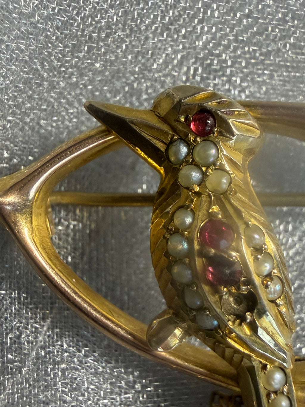 Antique 9ct Gold Kookaburra Brooch with Seed Pearls & Garnets | Australian Federation Era Safety Chain Brooch