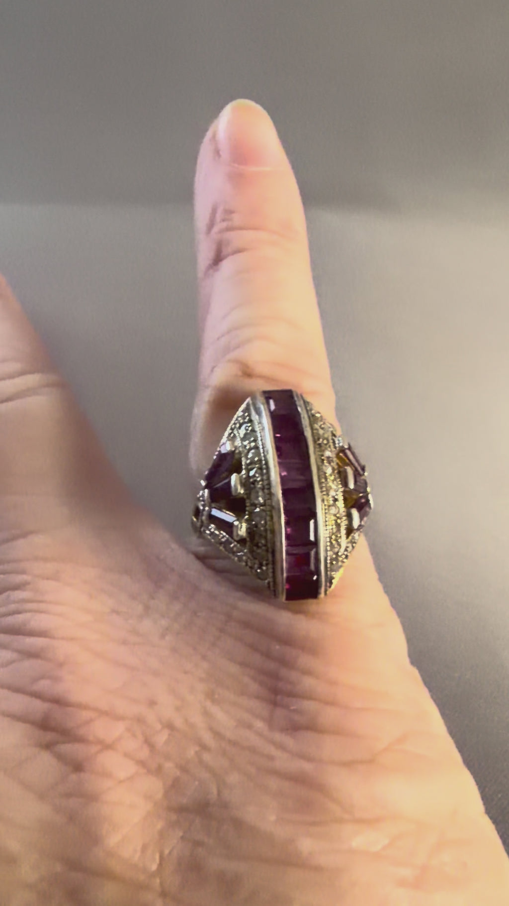 Vintage Sterling Silver Gilt Ruby and Diamond Ring Size J