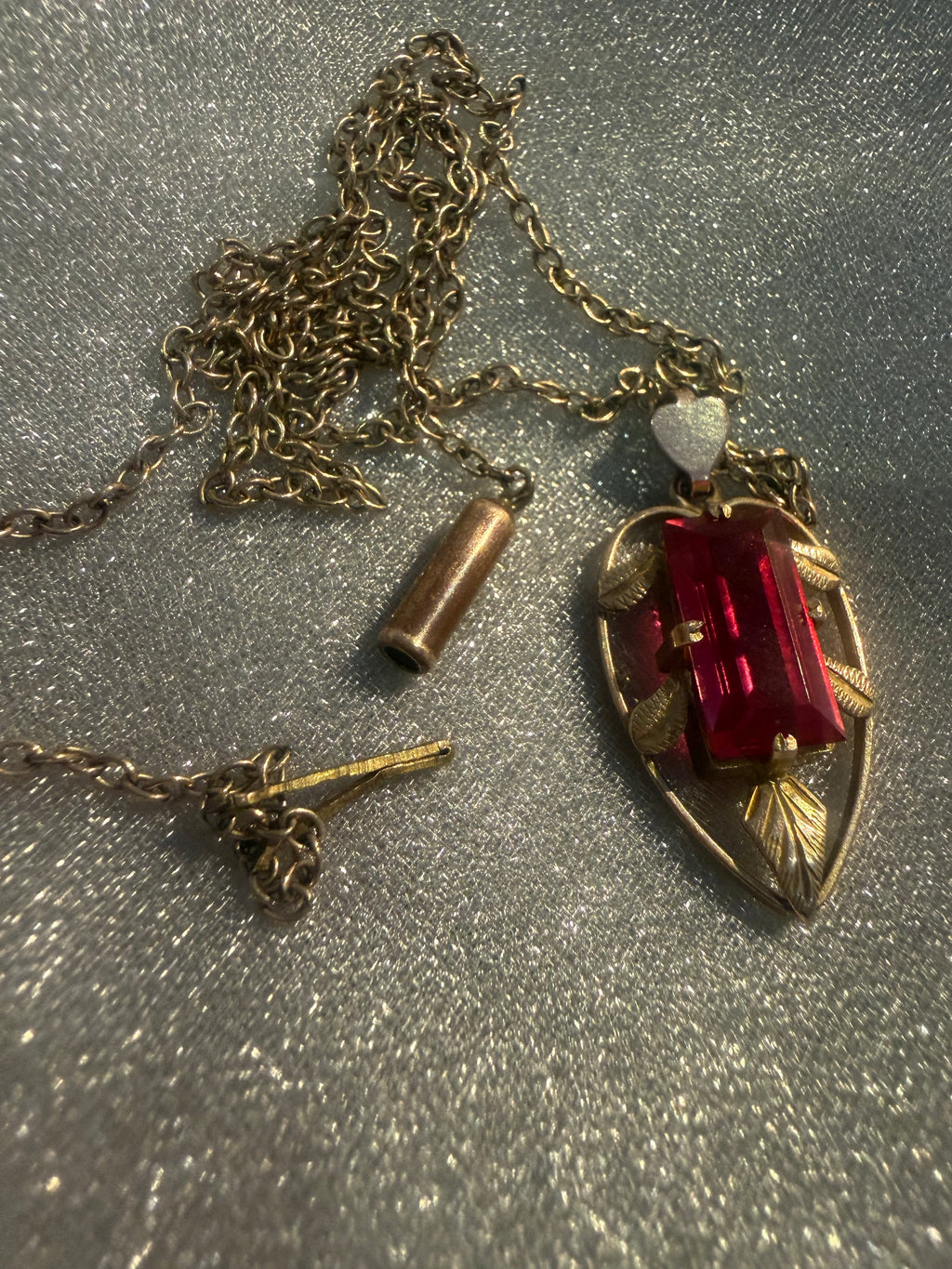 Vintage Australian Lustre crimson leaf pendant, on original chain