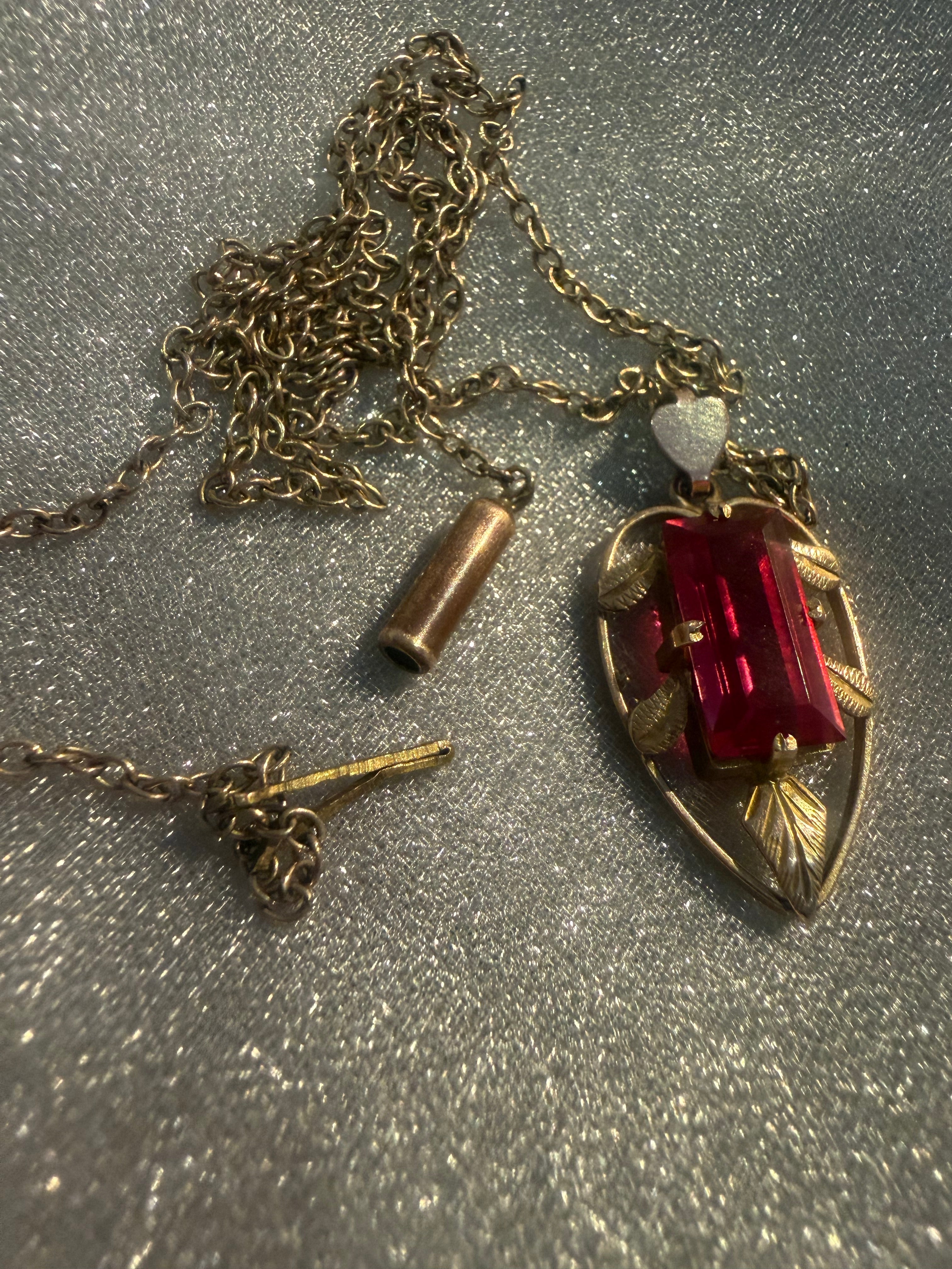 Vintage Australian Lustre crimson leaf pendant, on original chain