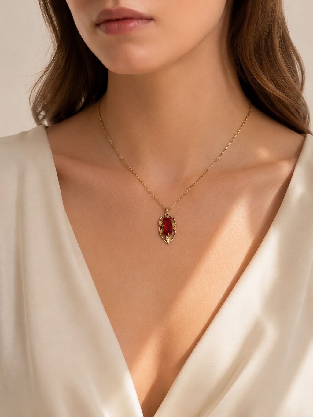 Vintage Australian 9ct Lustre crimson pendant worn on neck, mid-century or contempary styling