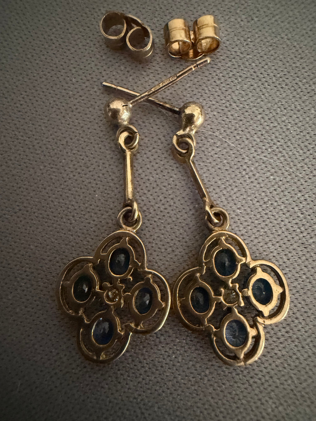 Rear of Styled pair of vintage 9ct gold sapphire and diamond clover drop earrings, Refine & Bloom